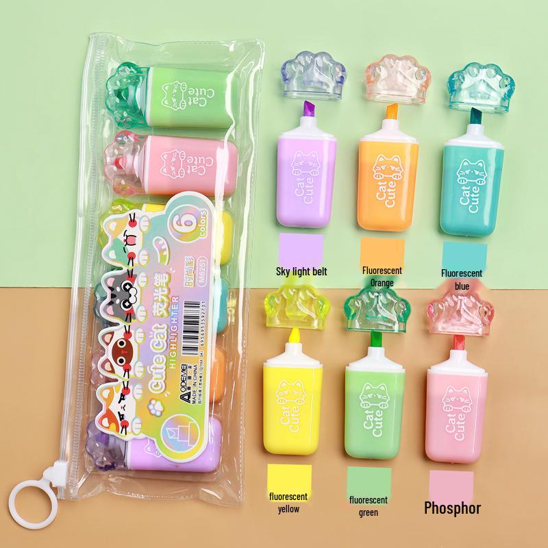 Set of 6 Mini Fluorescent Pens - Cute Cartoon Design, Perfect for Elementary Students. Small, Portable, and Colorful Highlight Markers.