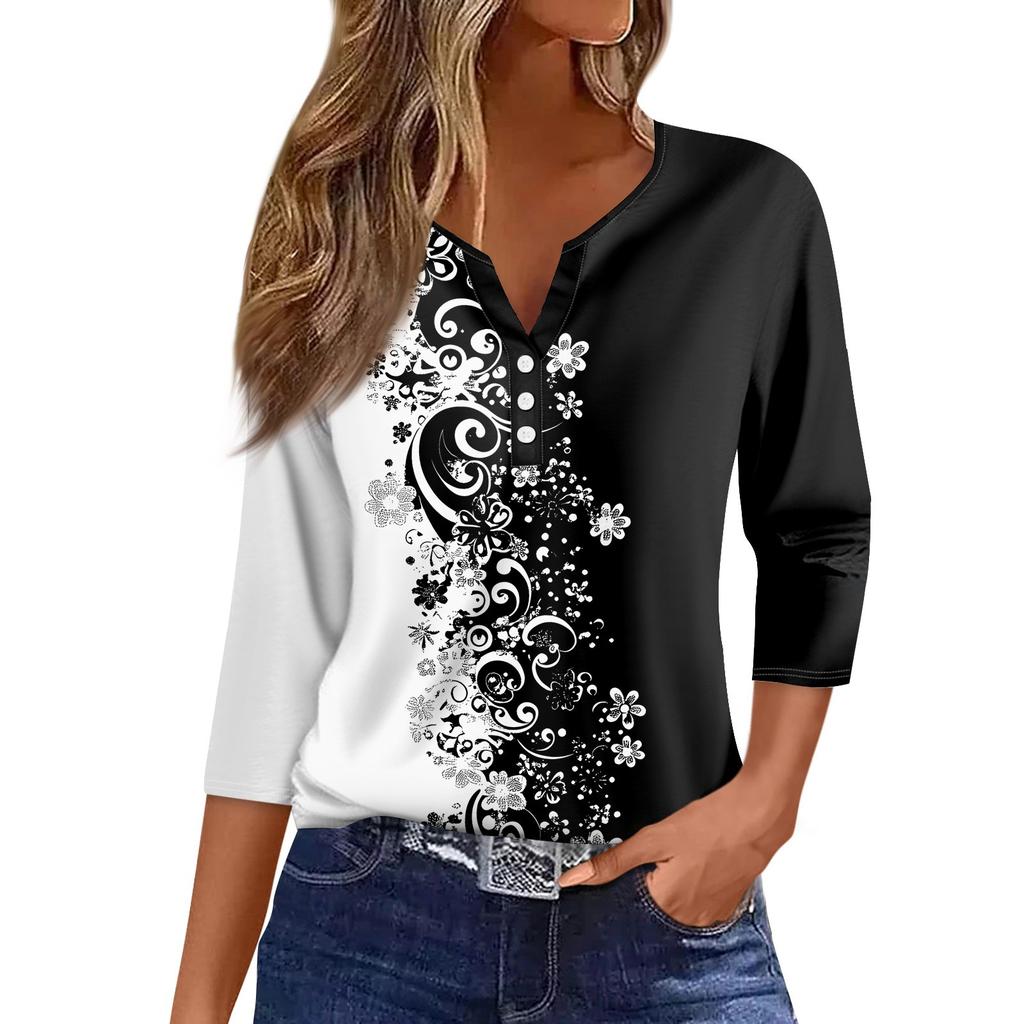 Жен. Футболка С принтом Пуговицы Рукав 3/4 Повседневные Выходные Мода Классический Классический V-образный вырез Обычный Верх