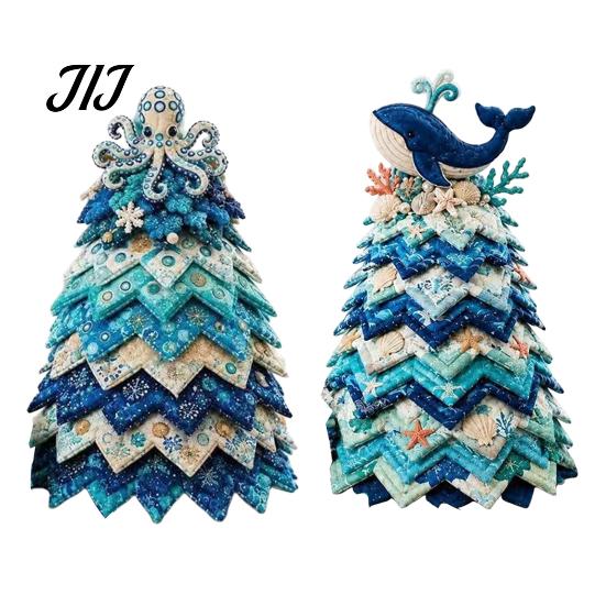 Seaside Home Decorative Ornaments DIY Quilted Ocean Christmas Tree Kit, Holiday 3D Fabric Patchwork Craft Desktop Window Decorations Coastal