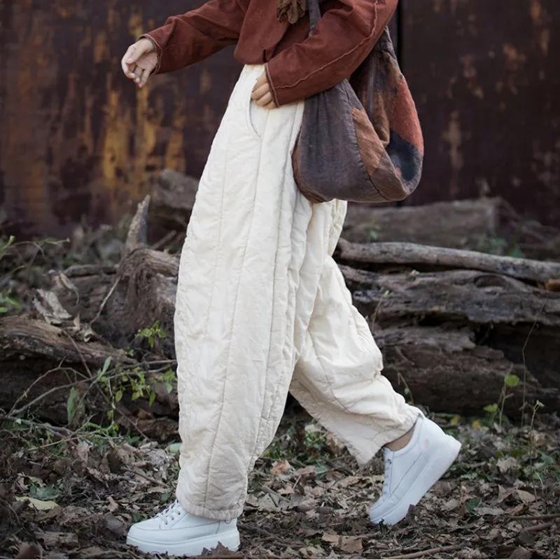 Женские пуховые хлопковые брюки, утолщенные теплые зимние брюки с широкими штанинами, модные универсальные повседневные брюки