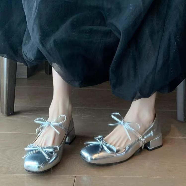 Французский бант легкий рот красные одинарные туфли женские весна и осень новые ретро фея балетки толстый каблук Мэри Джейн маленькие кожаные туфли
