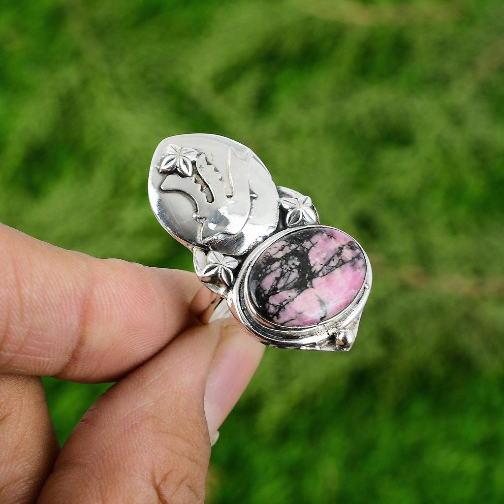 Natural Rhodonite Gemstone Stackable Bird Adjustable Ring 925 Silver For Women