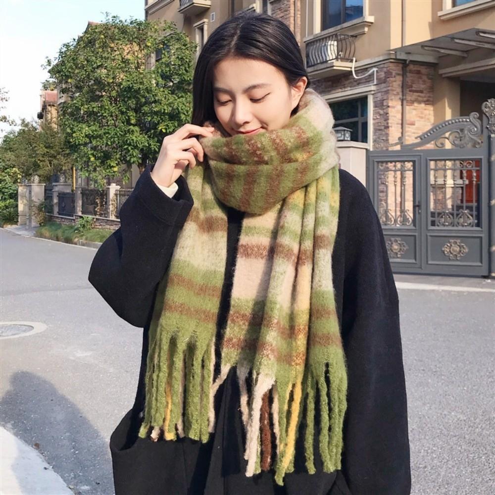 Cold Proof Women Mohair Plaid Scarf Thermal Fall Winter Neck Scarf Warm Tassel Shawl Wrap Students