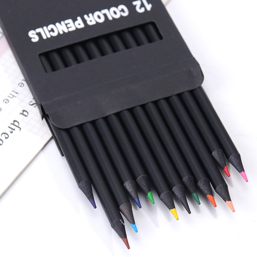 12 шт./компл. ценных цветных карандашей, милые школьные черные деревянные карандаши Kawaii