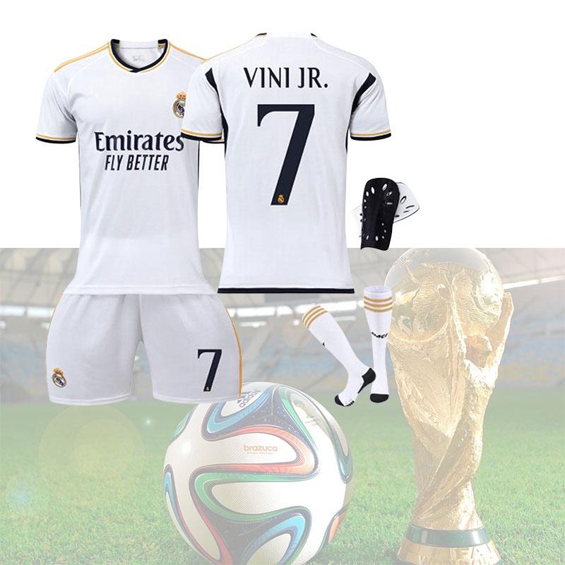 Real Madrid Home 7 Vini.jr Soccer Clothing Set Polyester Material Shirt Pants Socks And Protective Gear Included