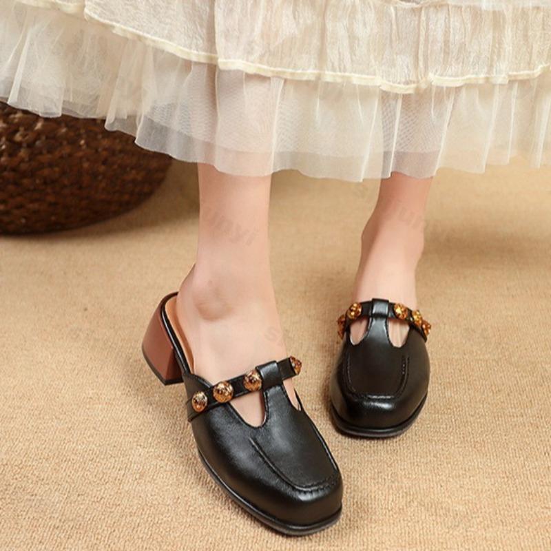 Модные ретро полушлепанцы с вырезами женские лето 2025 французский стиль модные удобные туфли Мэри Джейн одинарные уличные туфли-лодочки с квадратным носком