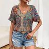 Casual V-neck Short Sleeved Top with Western Style Trend Printed Loose Women's T-shirts