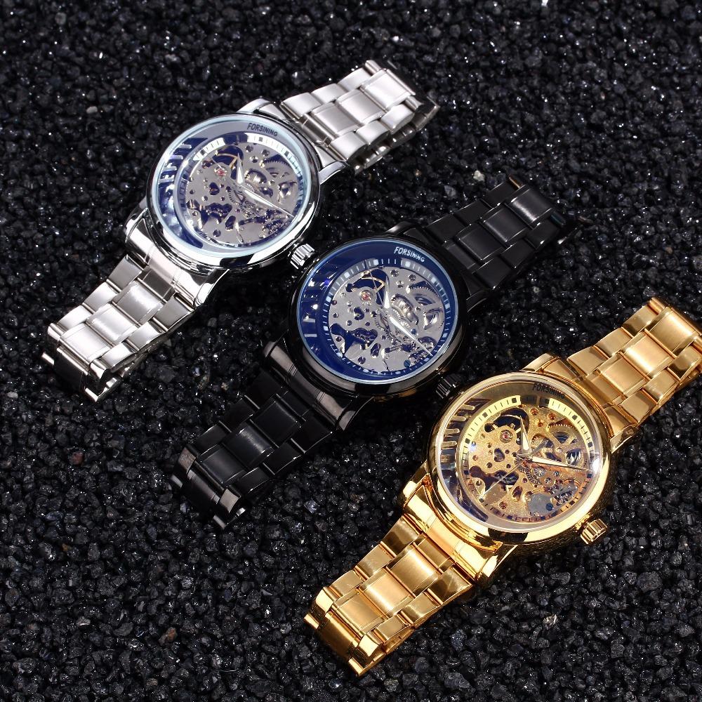 Forsining Механические часы Мужская мода Повседневная стальная полоса Ажурные автоматические механические часы
