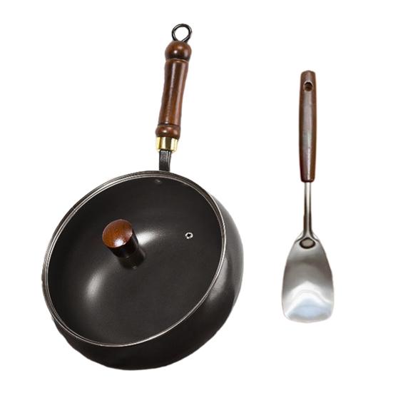 Традиционная чугунная сковорода-вок с крышкой и лопаткой 24 см Посуда из чистого железа с физической антипригарной технологией без покрытия