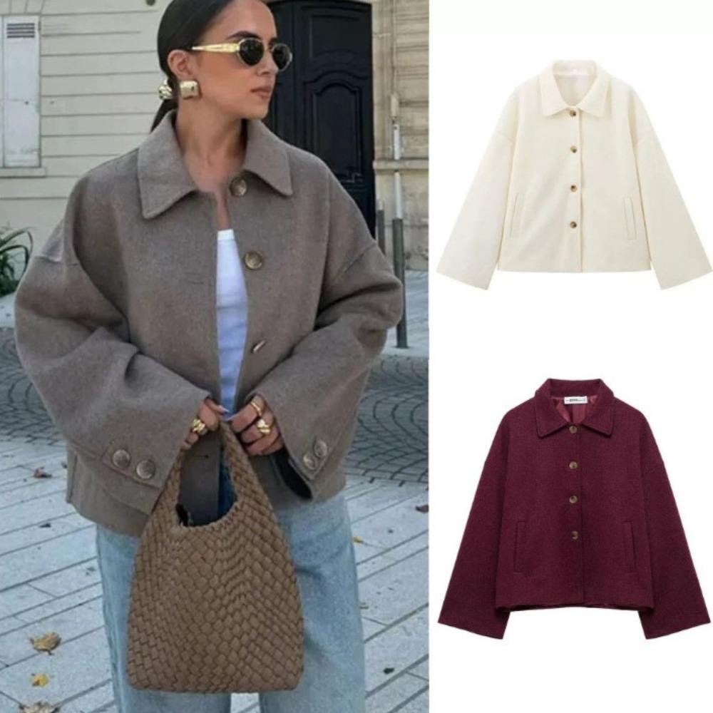 Casual Solid Single Breasted Wool Jacket Women Chic Lapel Long Sleeve Pleated Pocket Loose Coats Autumn High Street Overcoat