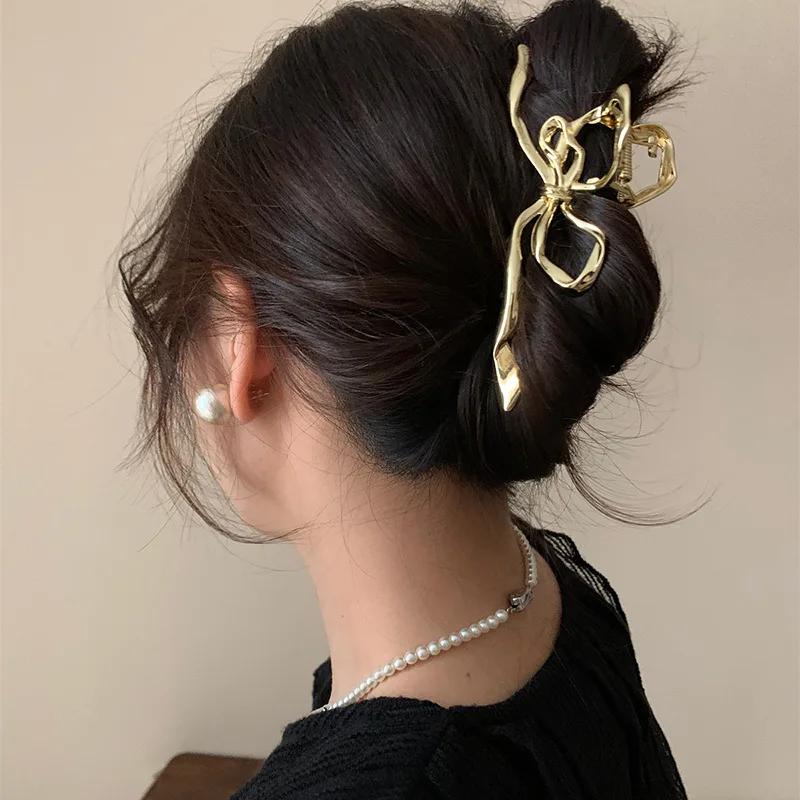 Большой бант Женский зажим-краб для волос для густых тонких волос Аксессуары Модный элегантный Золотой Серебряный Металлический Стример Зажим-краб Ювелирные изделия