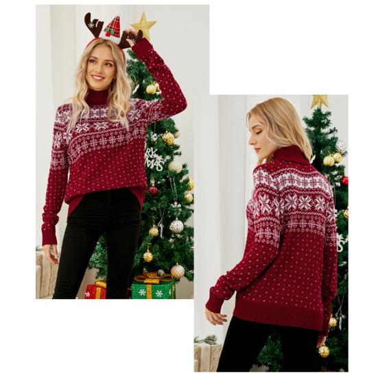 Женский рождественский свитер с высоким воротником и длинным рукавом, жаккардовый принт со снежинками, вязаные топы, свободный трикотаж