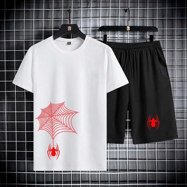 Летняя мужская одежда, комплекты из двух предметов, мужской повседневный спортивный костюм, мужские комплекты с коротким рукавом и принтом, футболка+шорты, спортивная одежда для фитнеса