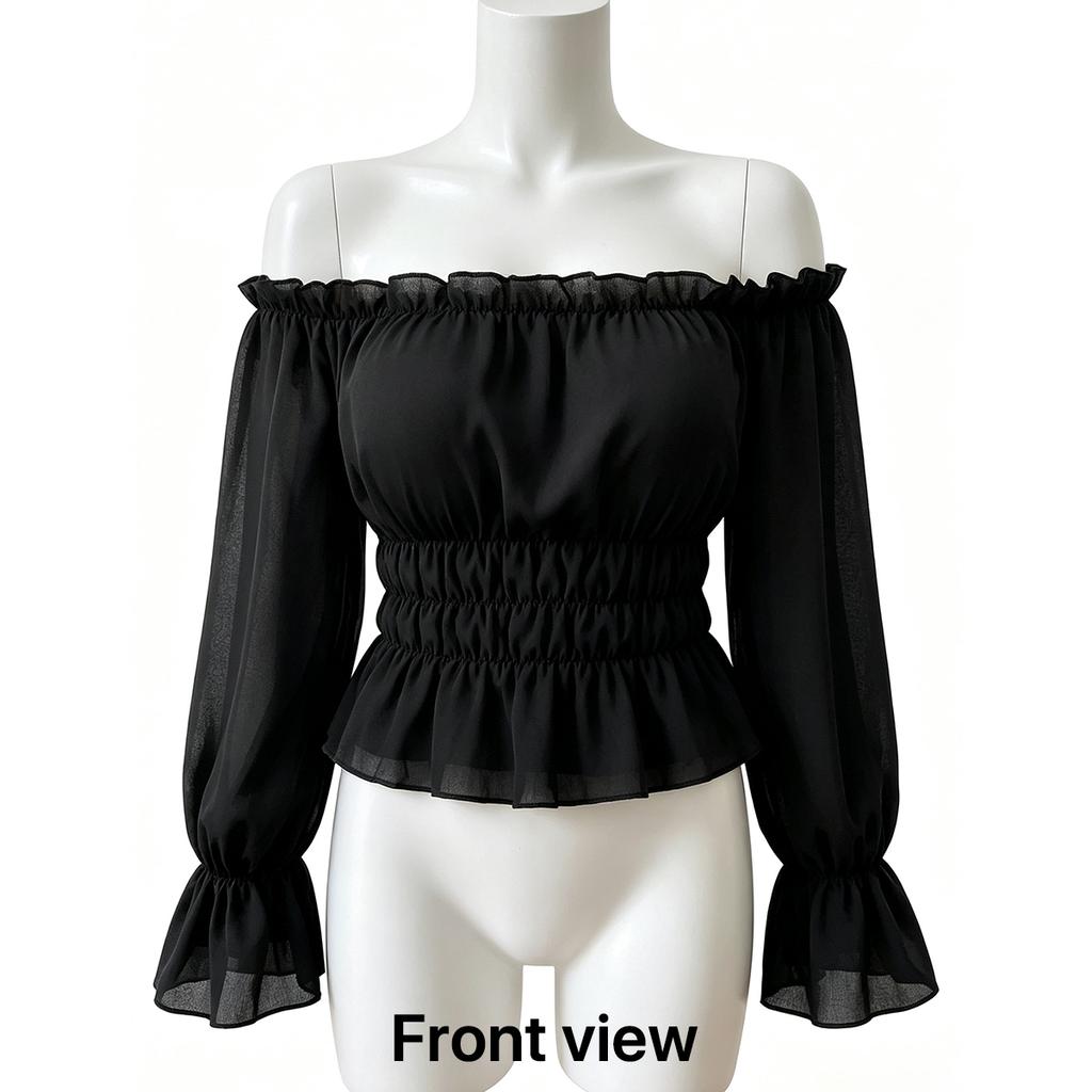 Fashion Women Ruffle Off Shoulder Crop Blouse Long Puff Sleeve Slim Ruched Hem Casual Clubwear Top