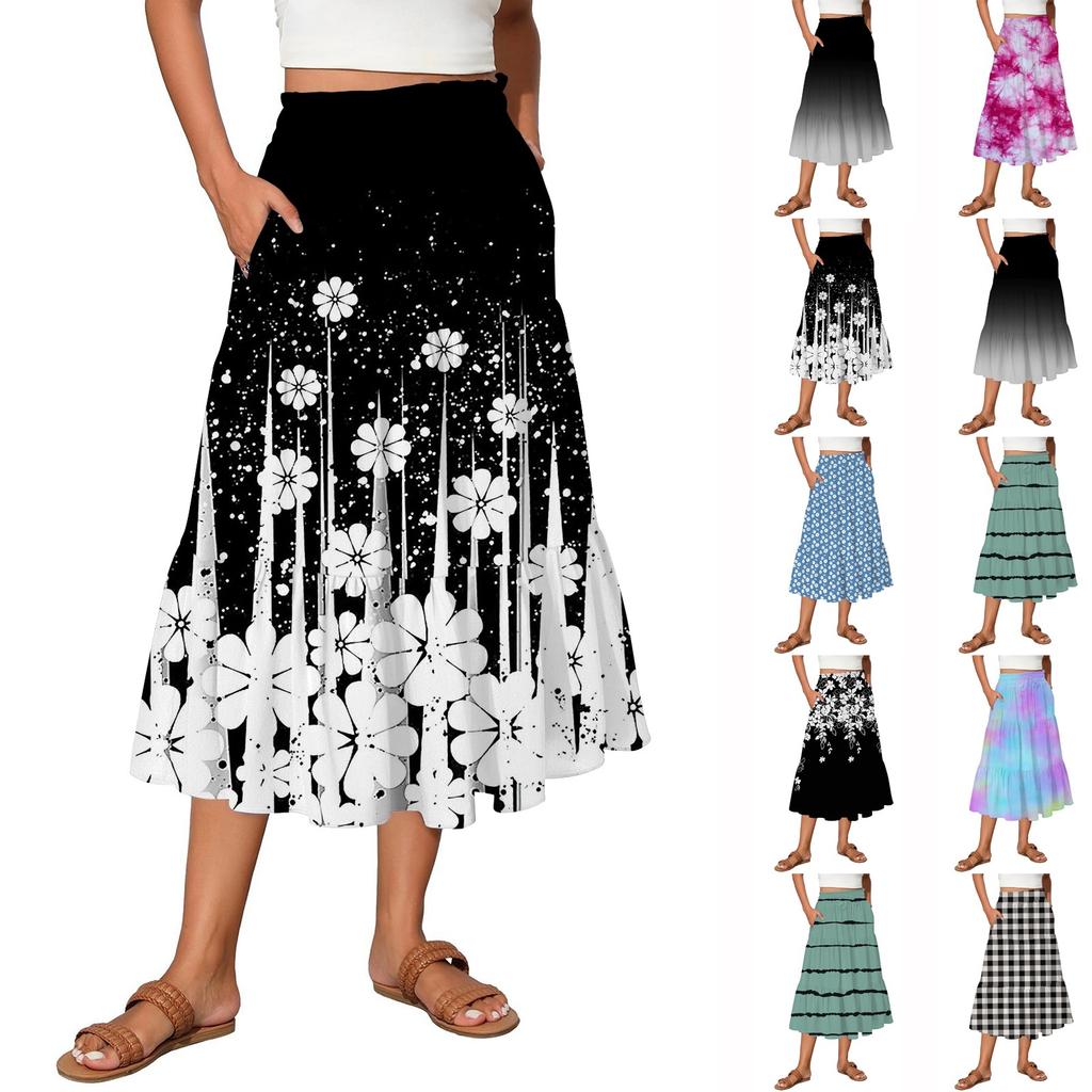 Women's Vintage Gradient Print Flowy Flared Ruffle A-Line Maxi Skirt