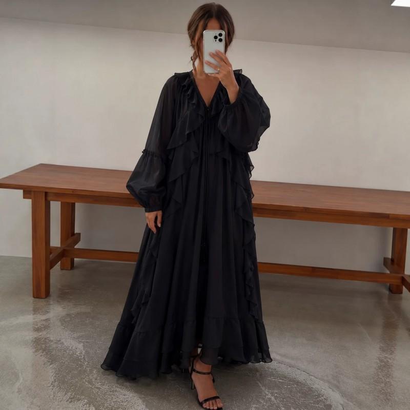 Womens 2026 Loose Fit V-Neck Lantern Sleeve Maxi Dress With Ruffle Hem - Solid Color Casual Style