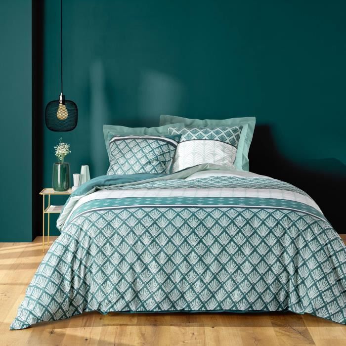 Housse couette + 2 taies polycoton 220 x 240 cm Strie emeraude