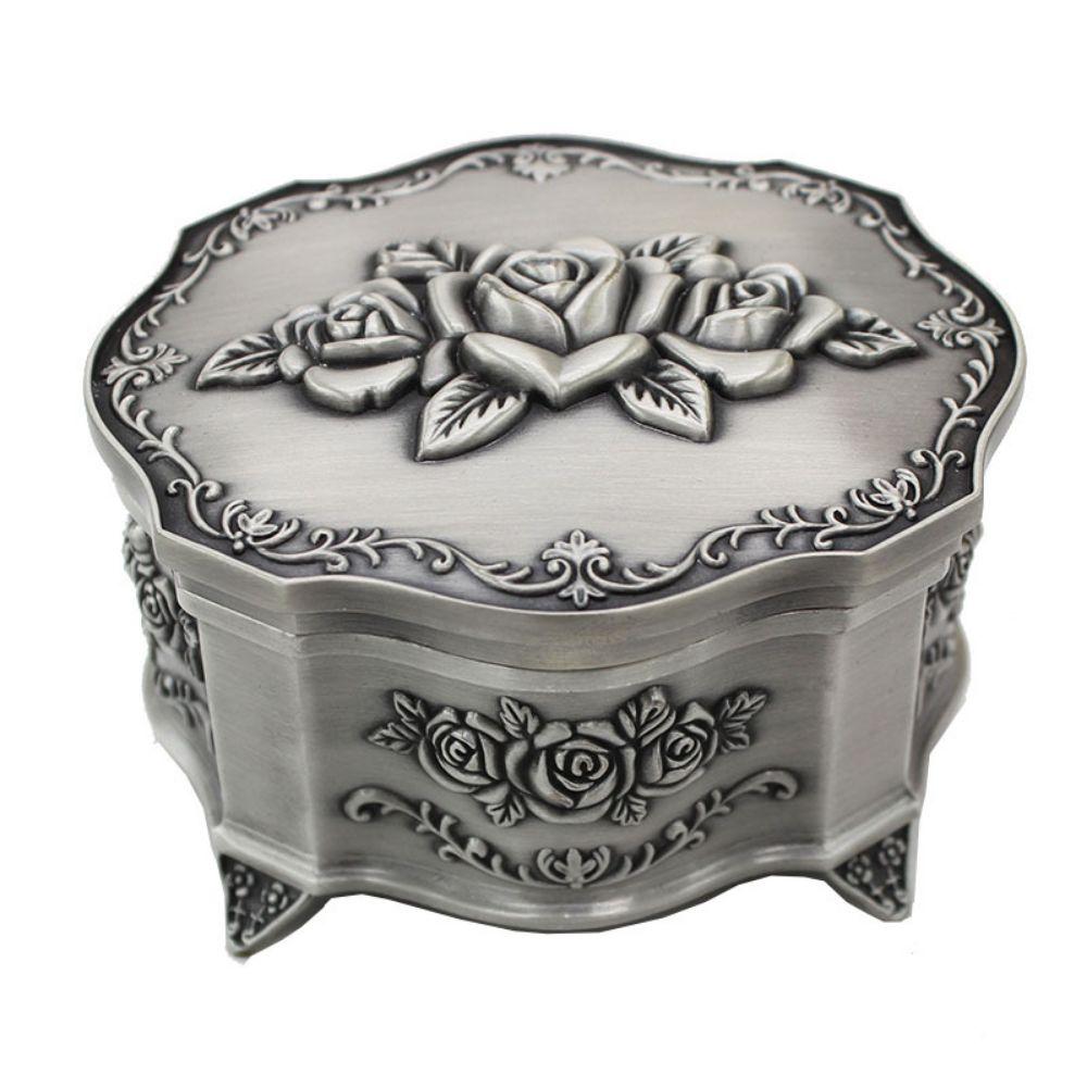 Antique Finish Trinket Organizer Silver Metal Jewelry Box Antique Jewelry Storage Box For Earrings
