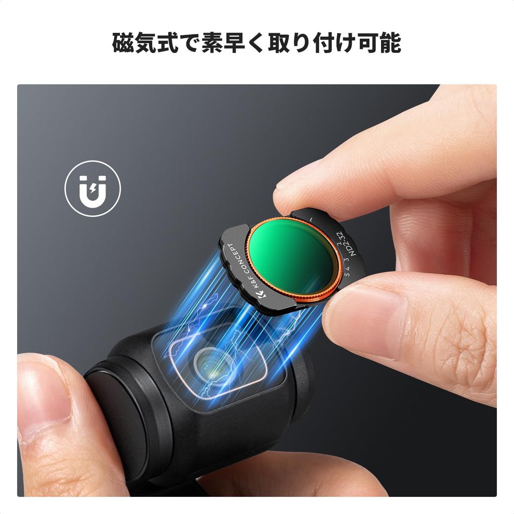 Concept for DJI OSMO Pocket 3 Black Magnetic Detachable Easy to AGC Optical Nano Waterproof and K&F (ND2-32+ND32-512+CPL+1/4 Mist) Mount, Attach,