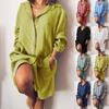 Women Cotton And Linen Shirt DressButton Down V-Neck Long Sleeve With Pocket Knee Length