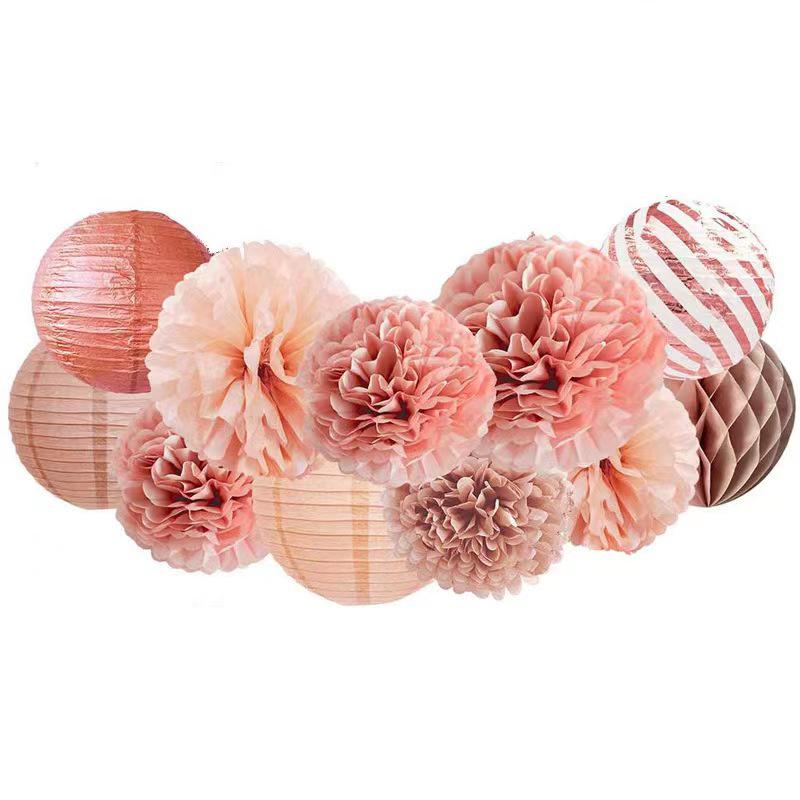 Rose Gold Paper Décor Set: Flower Stamped Lanterns & Honeycomb Balls for Parties