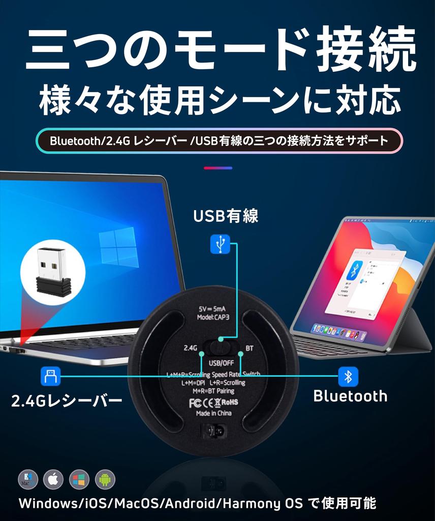 Gloture [CapacMouse] Ultra-Compact Wireless Mouse, CapacMouse, Wireless Connection (Bluetooth 5.2  2.4G Receiver), Wired Connection Available, DPI