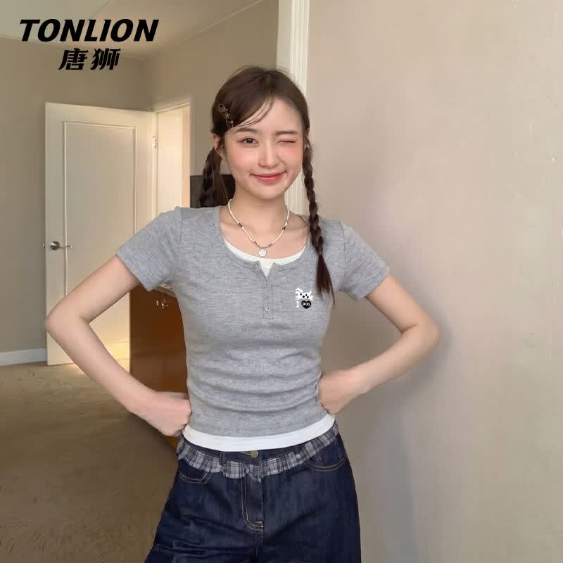 Женская футболка TonLion с коротким рукавом, имитация двойки