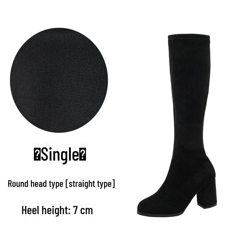 Женские сапоги из эластичной замши длиной до колена на высоком каблуке - Осень/Зима 2024 г. Длинные сапоги с круглым носком