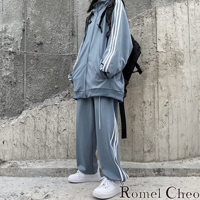 RomelCheo Striped Jersey Long Top and Bottom Hooded Loose Side Stripe Stylish and Street Harajuku Blue Letter Casual Black Set, Sleeve, Set, Jersey,