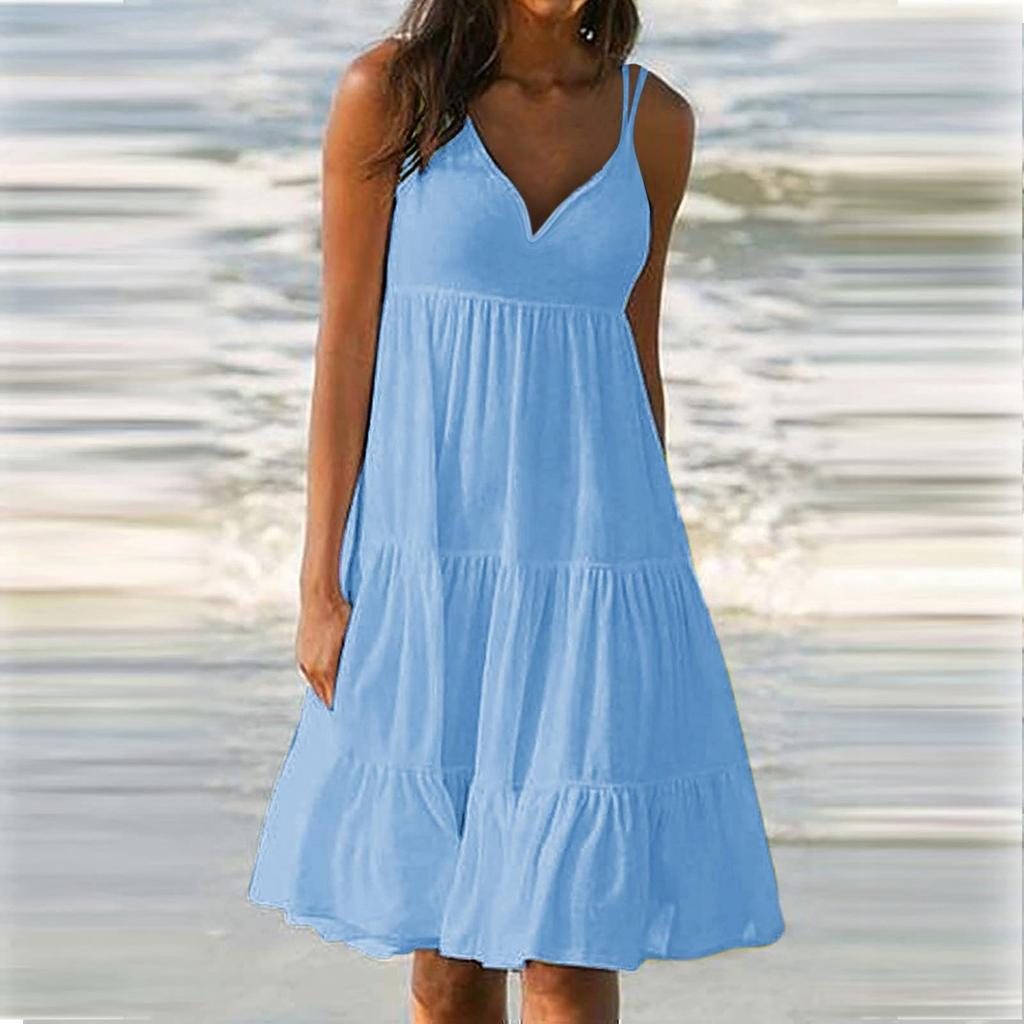 Женское пляжное платье для летних каникул, элегантное однотонное платье с v-образным вырезом на бретельках, повседневное вечернее платье-комбинация