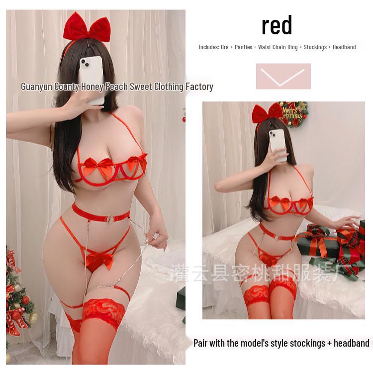 Christmas Holiday Lingerie Set: Underwire Bow Bikini & Garter