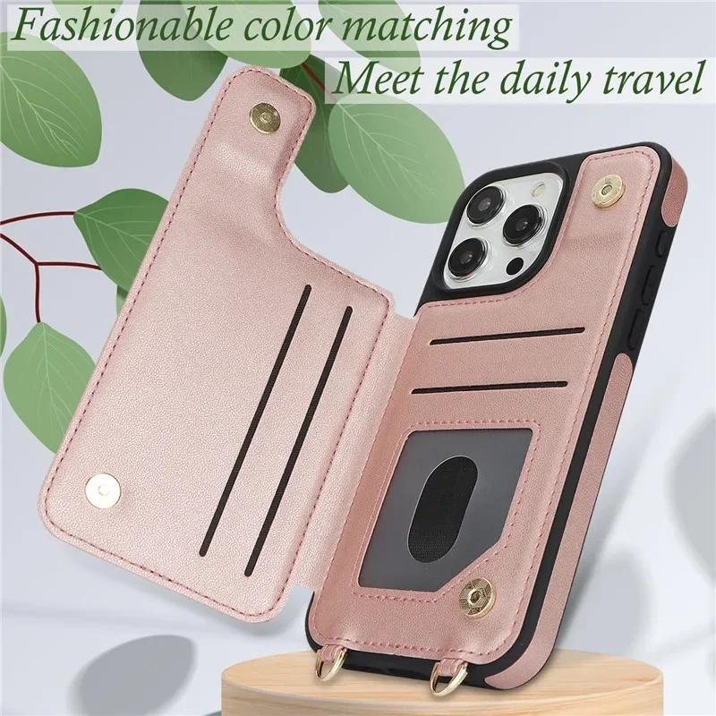 Long Lanyard Leather Wallet Card Slot Phone Case for iPhone 16 Pro Max 15 14 Plus 13 12 11 SE 2026 XS XR X 8 7 Ring Flip Cover