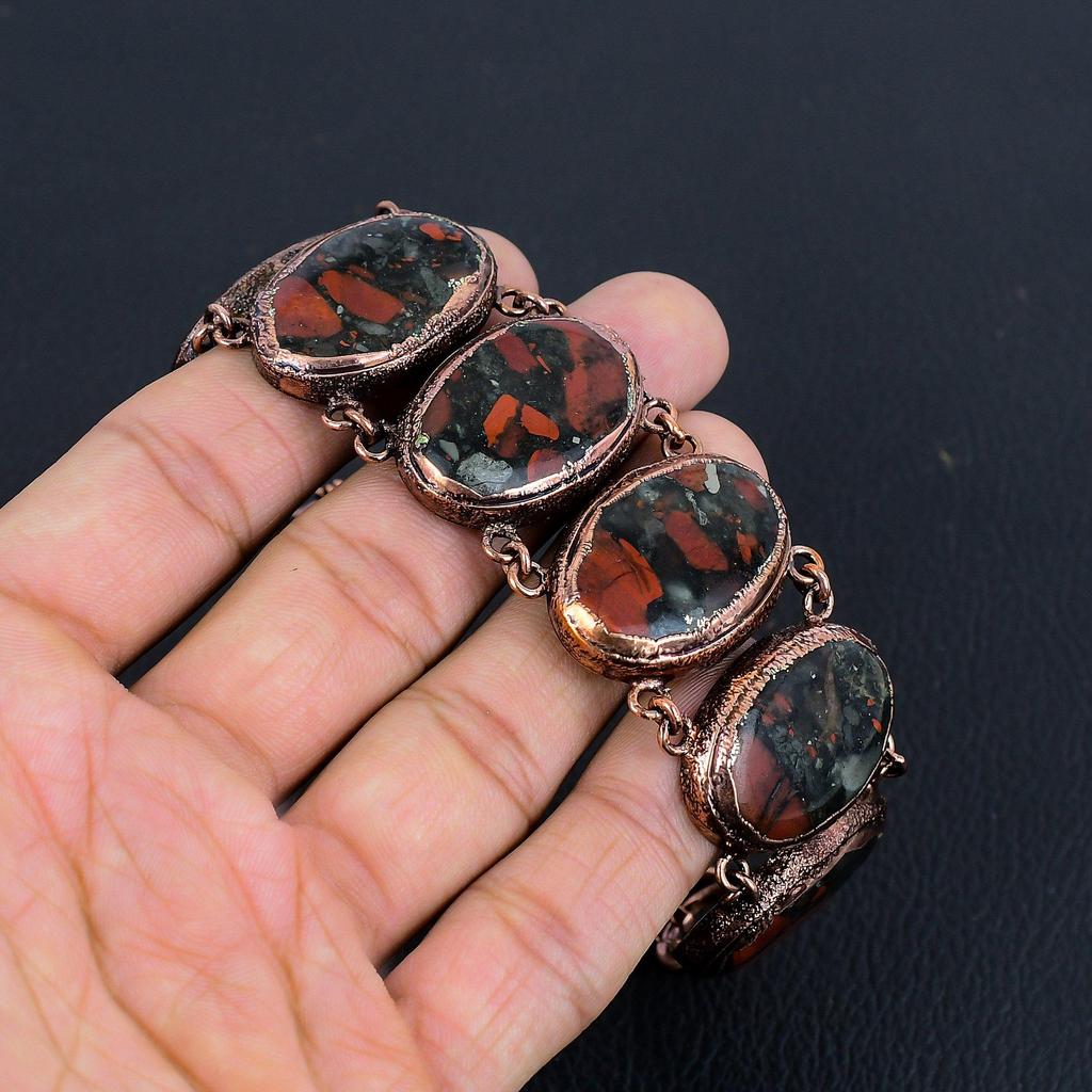 Bloodstone Bracelet Copper Electroformed Gemstone Jewelry, Handmade Bracelet For Thanksgiving