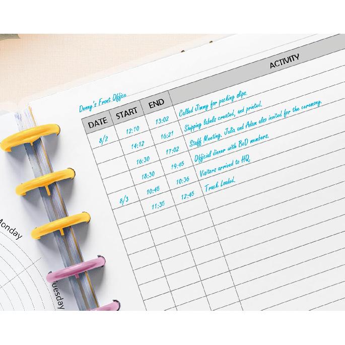 Activity Log Refill Pages fits Discbound Planners, Time Activity Tracker Log Refills, Pre-punched Happy Planner erts (9 Disc Classic)