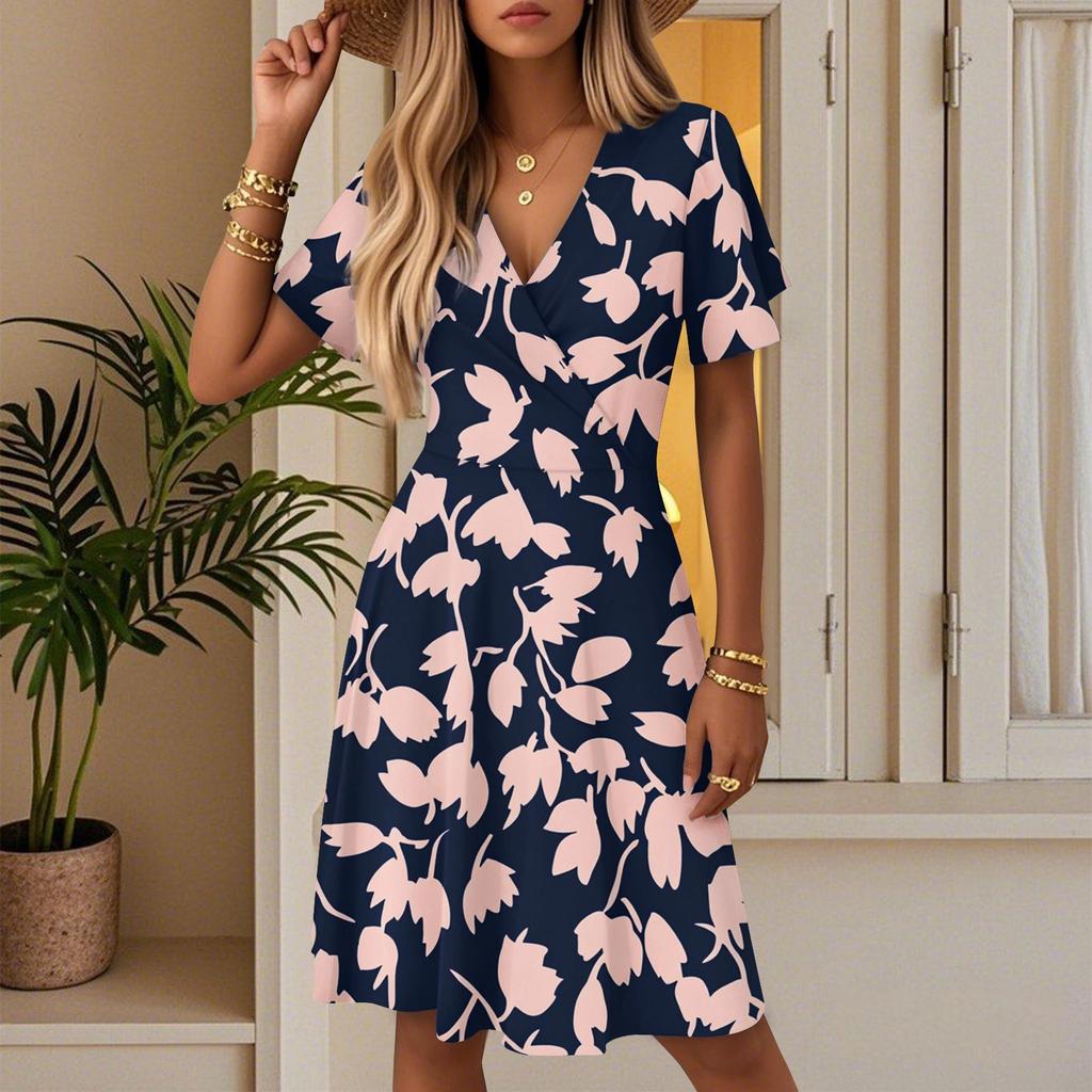 Women's Summer Fashion Leaf Print Dress Casual Beach A-line V-neck Loose Sundress