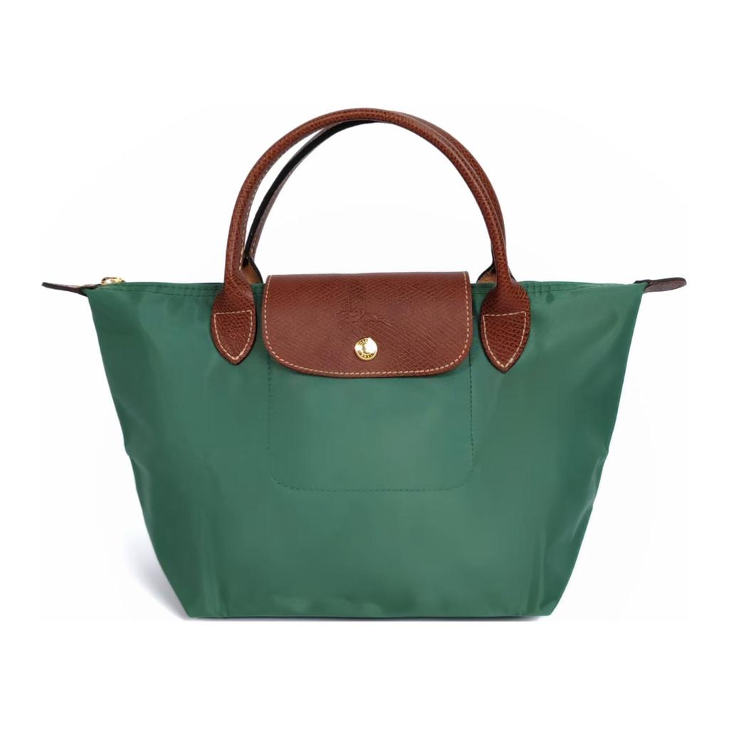 Longchamp Le Pliage Original Минималистичная сумка-тоут для ежедневных поездок Логотип Текстурированный нейлоновый холст и кожа Пельмень Маленькие женские сумки-тоут Шалфей 1621089P84