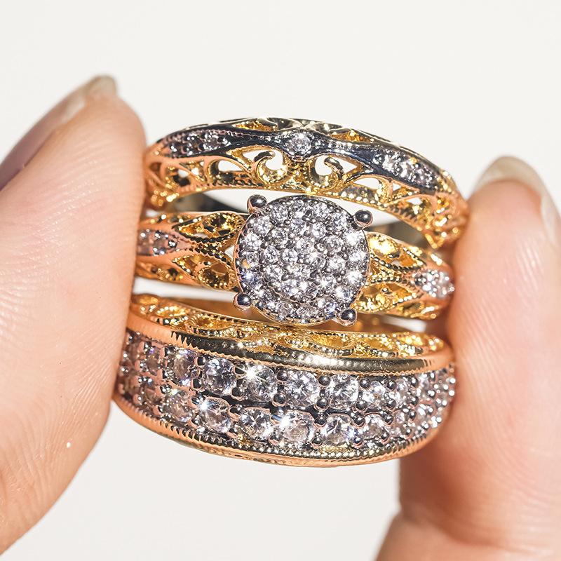 3 Pcs/set Fashion Colorful Zircon Inlaid Hollow Metal Ring for Women Accessories Jewelry Party Wedding Gift