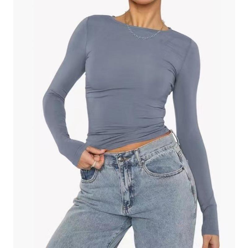 Модная длинная рукава облегающая женская блузка с круглым вырезом повседневная элегантная простая офисная женская короткая рубашка уличная одежда короткие топы однотонная женская одежда