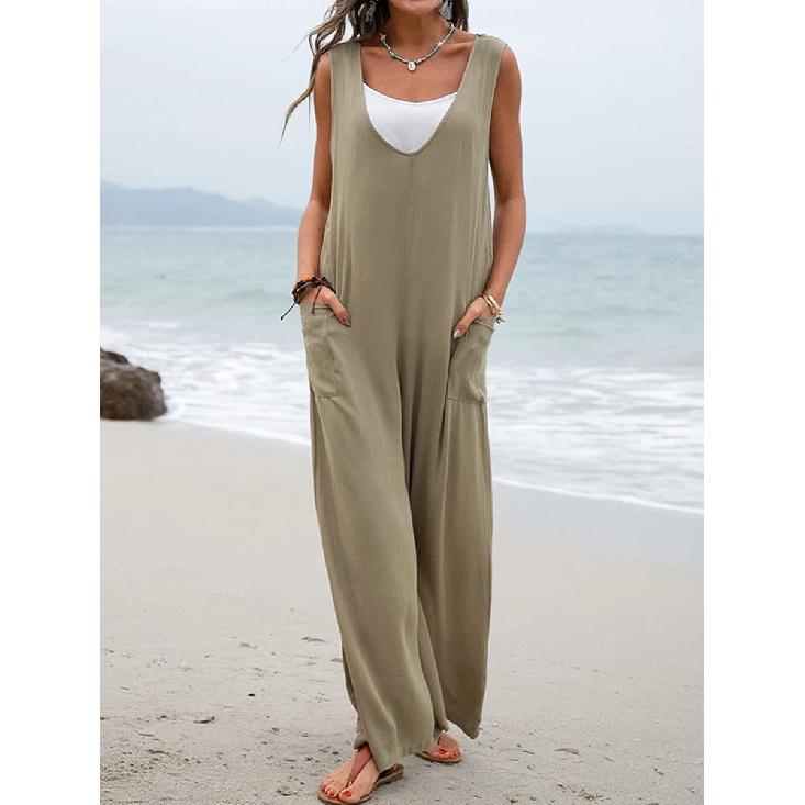 Летний новый однотонный накладной карман модный комбинезон с V-образным вырезом широкие брюки для женщин