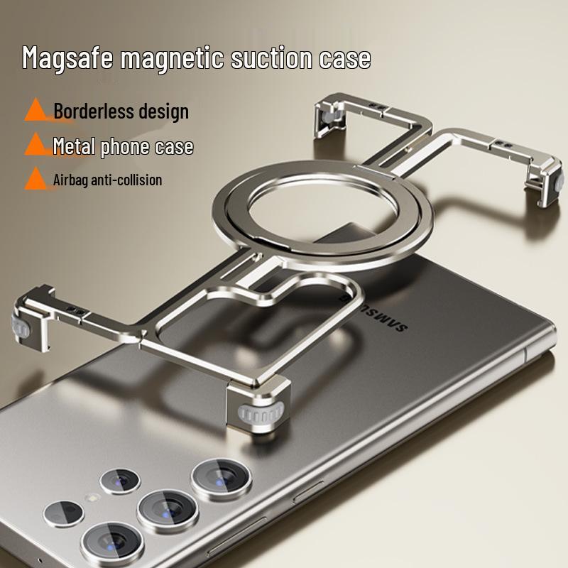 Samsung S24 Ultra Metal Drop-Proof Phone Case with Borderless Magnetic Stand and S23U Airbag for Heat Dissipation