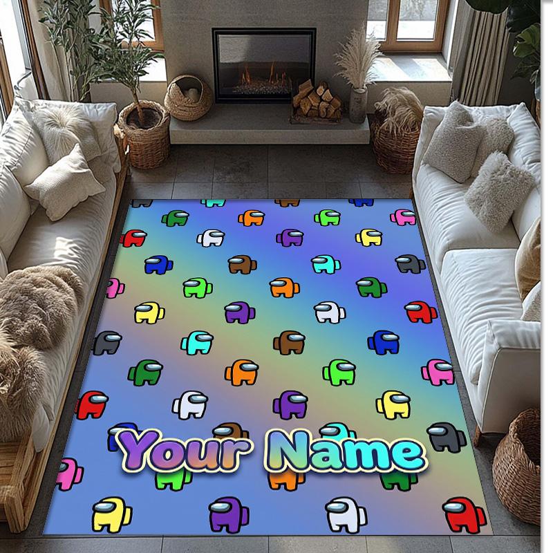 Among Us Crystal Velvet Rug, Custom Name Text Personalized Non‑Slip Floor Mat for Home Decor Gift