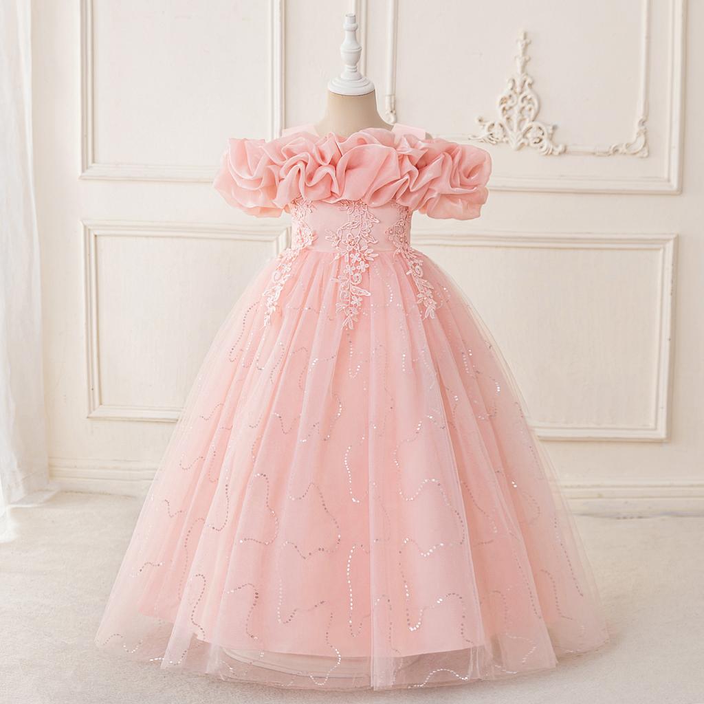 Flower Girl Princess Dress For Weddings Summer Kid Formal Bow Long Gown For School Evening Party Children New Year Cloth LP-0002