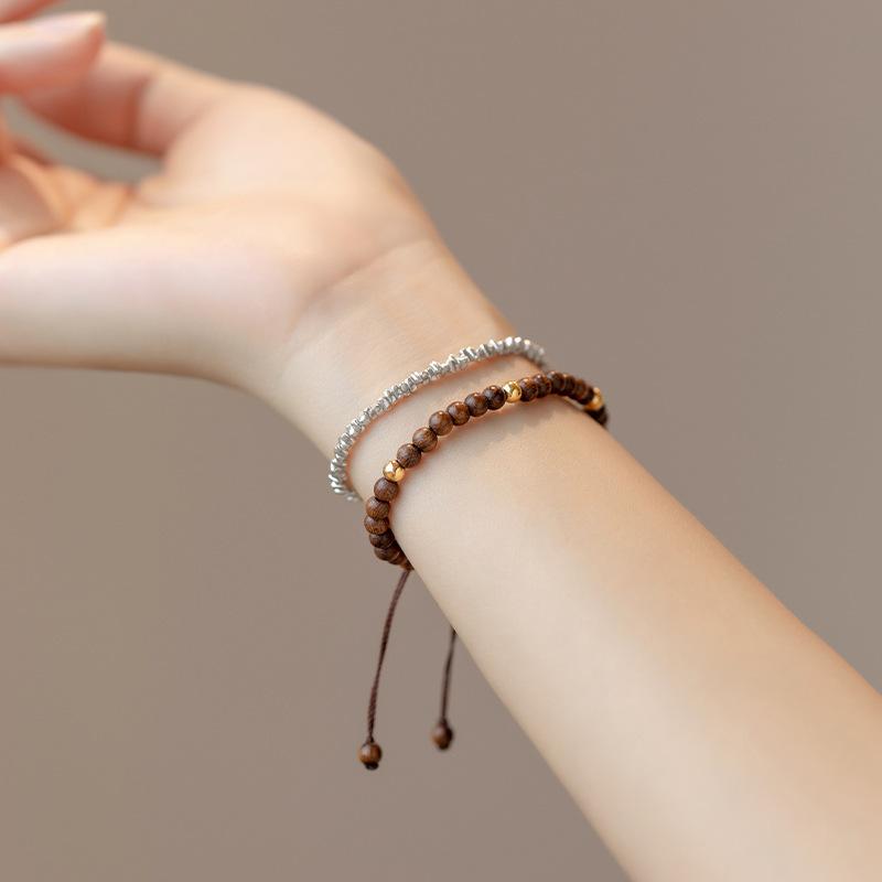 Natural golden sandalwood14K Gold bead bracelet, handmade jewelry, niche gift for women, vintage style
