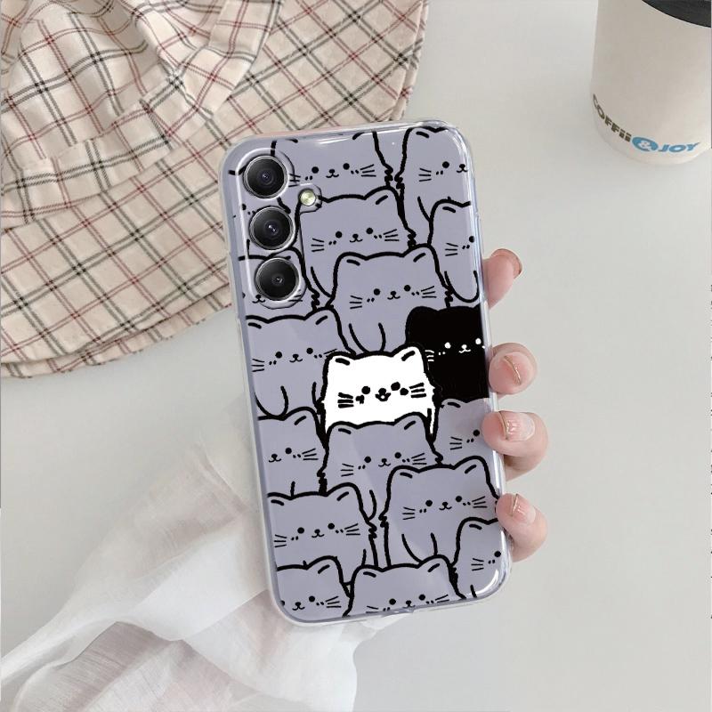 Милый черный кот мягкий прозрачный силиконовый чехол для Xiaomi Redmi Note 13 14T 15 Samsung A55 A35 S24 iPhone 15 Huawei Honor Camera защитный противоударный чехол