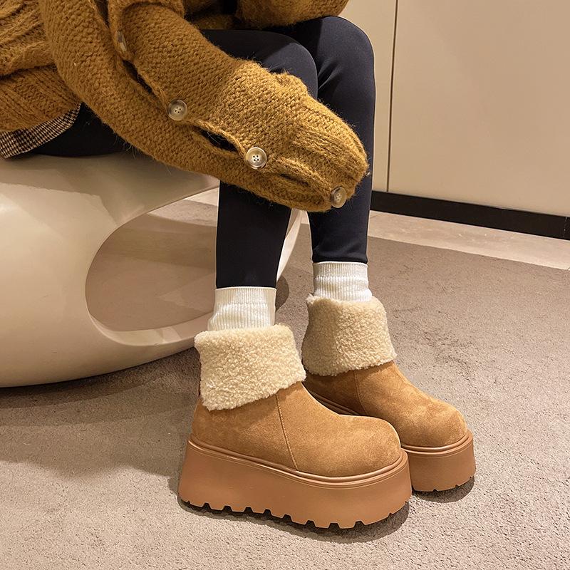 Зимние женские ботинки на толстой подошве, увеличивающие рост, новые, плюшевые, теплые, пушистые, короткие, модные, уродливые и милые, с большой головой, хлопковые туфли