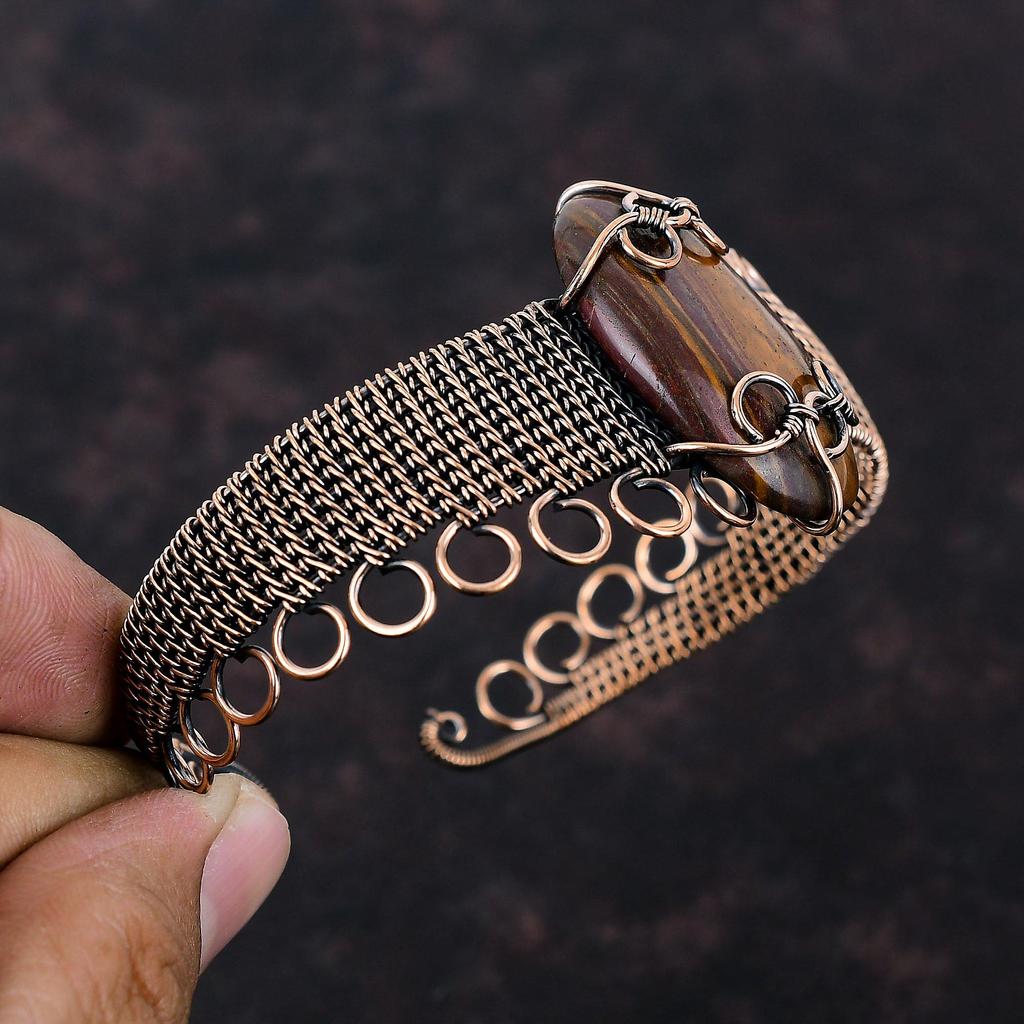 Red Snakeskin Jasper Cuff Bracelet Copper Wire Wrapped Jewelry Adjustable Bangle Handmade Copper Wire Wrap Bangle Gemstone Bracelet For Gift