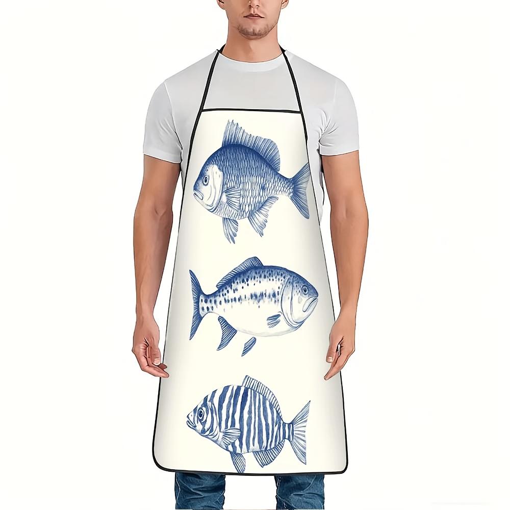Blue Fish Pattern Apron with Adjustable Waistband, Featuring Blue Fish and Aquatic Plant Design, Durable and Easy to Clean, Suitable for Cooking, Gard