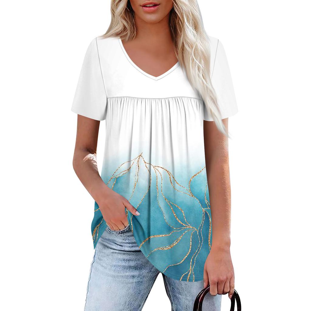 Women's Casual V-Neck Short Sleeve Chest Ruffle Printed Top