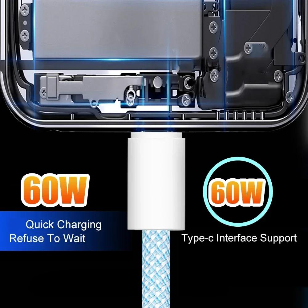 Кабель 2025 с двумя разъемами USB-C для iPhone 15 Pro Max iPad PD 60 Вт Кабель для быстрой зарядки Type-C Зарядное устройство Type-C для Apple Samsung S23