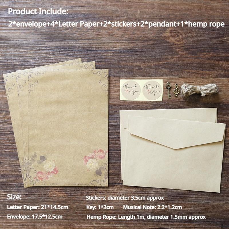 Retro Stationery Kraft Paper Letter Paper with Envelopes Stickers Hemp Rope Pendant Decorations Keys Musical Note Writing Paper